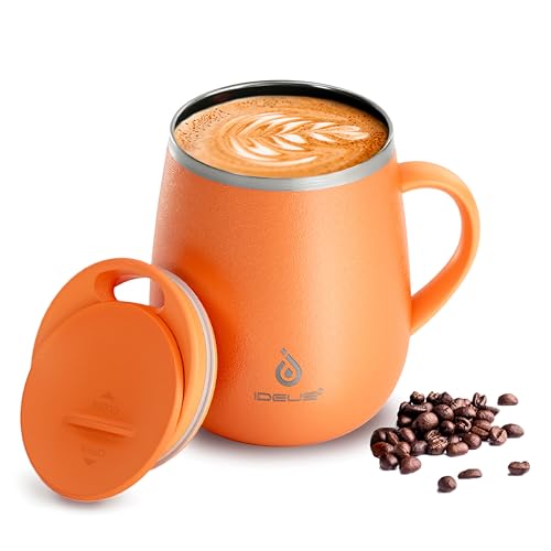 Ideus 16 oz Insulated Coffee Mug with Handle and Lid, Double Wall Stainless Steel Vacuum Thermal Coffee Mug, Travel Coffee Cup Thermal Cup for Home and Office (Orange Tiger 2.0, FUJI DAWN) - color: Orange Tiger 2.0