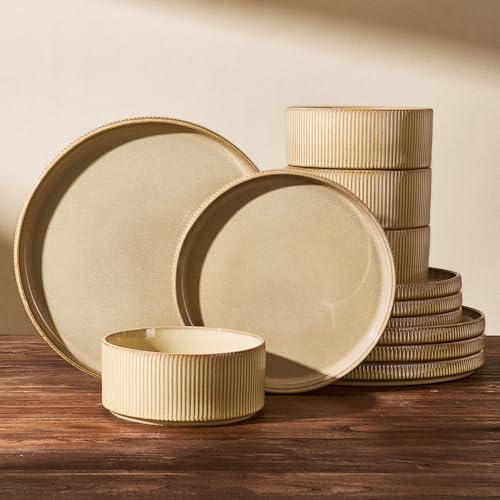 Stoneware Dinnerware Set for 4, Reactive Glaze, Cream | 12 pcs Ceramic Plates and Bowls, Handmade Ribbed Dishes, Everyday Use, Microwave & Dishwasher Safe, Chip & Scratch Resistant - color: Cream, size: Service for 4 (12pc)