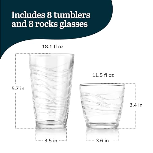 Libbey Orbita Rocks and Tumbler Drinking Glasses Set of 16, Durable Glass Cups Set with Wave Pattern, Glassware Drinking Glasses for Any Occasion - color: 09 - Orbita