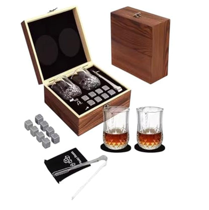 Premium Whiskey Stones Gift Set with 2 Crystal Glasses, Wooden Box, 8 Granite Chilling Rocks