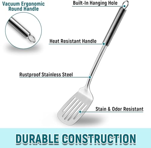 Pleafind 2-Pcs Solid & Slotted Spatula Set, 304 Stainless Steel Spatula, Metal Spatulas, Wok Utensils, Cooking Utensils, Wok Spatulas for Home, Kitchen and Restaurant, Dishwasher Safe - color: 2P-Argent