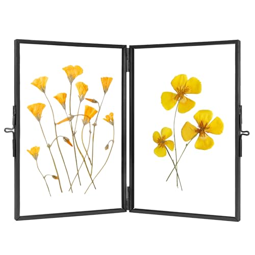REDHUGO Glass Pressed Flower Frame Handmade, Rectangle, Black, 4×6 Inches | Hinged Double Press Flower Frame, Tabletop Brass Photo Frames, Rectangle Dried Flowers Display Folding Frames for Home - color: Black, size: 4L" x 6W"