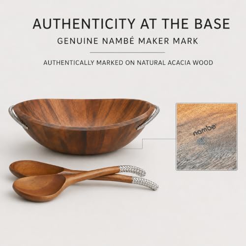 nambe Braid Salad Bowl with Servers | 3-Piece Set | Large Wooden Serving Bowl for Caesar Salad, Large Salads | Big Salad Bowl with Serving Utensils | Made of Chrome & Acacia Wood (20” L x 16” W)