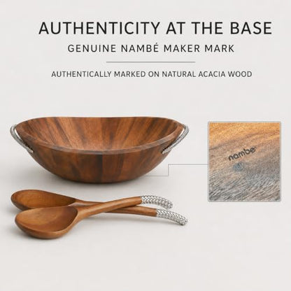 nambe Braid Salad Bowl with Servers | 3-Piece Set | Large Wooden Serving Bowl for Caesar Salad, Large Salads | Big Salad Bowl with Serving Utensils | Made of Chrome & Acacia Wood (20” L x 16” W)