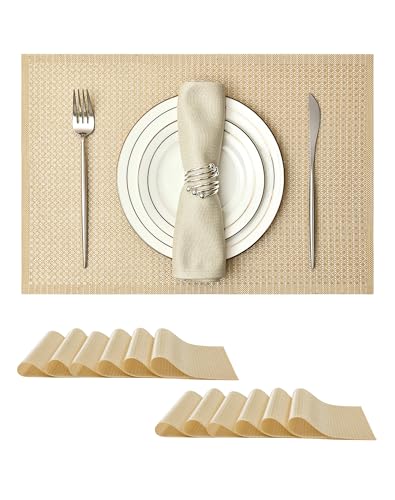 Leetaltree Woven Vinyl Placemats Set of 12, Gold Sequin | Waterproof & Washable Dining Table Mats for Wedding, Anniversary, Daily Use, Hand-Cut, Easy to Clean - color: 00- Gold Sequin, size: Set of 12