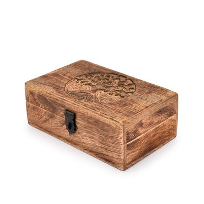 Handmade Mango Wood Tree of Life Engraving Beautifully Keepsake Box Jewellery Organiser Unique Gift Ideas for Men & Women (Flame Work Finish)