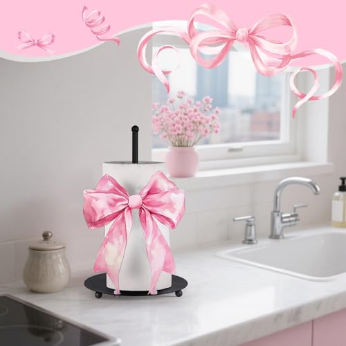 Pink Bow Paper Towel Holder Pink Countertop Kitchen Decor and Accessories Black Metal Farmhouse Large Tissue Stand Gifts for Coquette Party, 3D Hand Painting Pattern, Weighted Base - style: Pink Bow