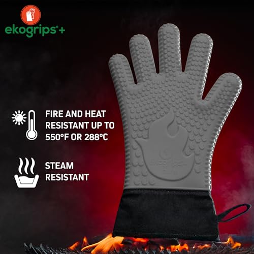 Ekogrips®+ Oven Gloves with Fingers, Comfy Waterproof Heat Resistant Grill Gloves -Long Cuff and Good Dexterity - color: Gray, size: L/XL