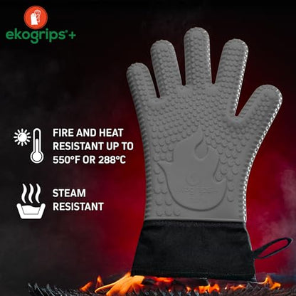 Ekogrips®+ Oven Gloves with Fingers, Comfy Waterproof Heat Resistant Grill Gloves -Long Cuff and Good Dexterity - color: Gray, size: S/M