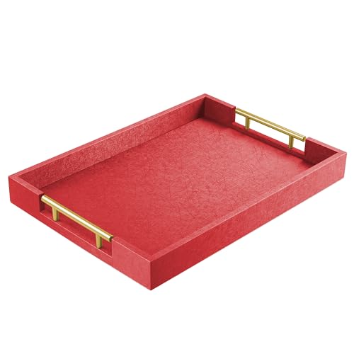 ATZYmolin 17"x12" Leather Serving Tray, Gold Handle Vanity Platter, Red | Rectangle Ottoman Decor Tray, Polished Metal Handles, Coffee Table Bathroom Home Decorative Wood Tray - color: Red, size: 17" x 12" x 1.8"