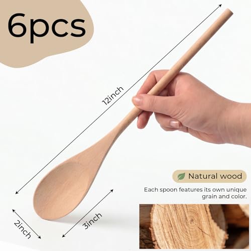 HANSGO Wooden Spoons for Cooking, 12 Inch Long Handle Mixing Spoons, 6 PCS | Large Wood Kitchen Utensils for Tasting, Stirring Food, Hot Soups, Stirring Baking Tasting, DIY Available, Kitchen Gifts - size: 12 inch