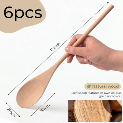 HANSGO Wooden Spoons for Cooking, 12 Inch Long Handle Mixing Spoons, 6 PCS | Large Wood Kitchen Utensils for Tasting, Stirring Food, Hot Soups, Stirring Baking Tasting, DIY Available, Kitchen Gifts - size: 12 inch