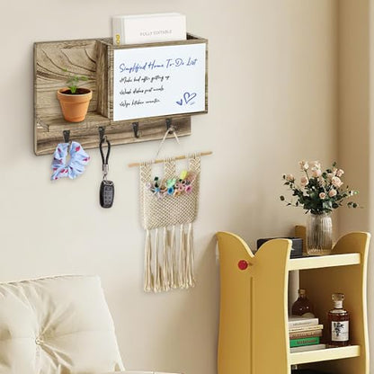 Rustic Mail and Key Holder wall Mount, Brown Solid Wood with Magnetic Whiteboard, 4 Hooks, Entryway Organizer