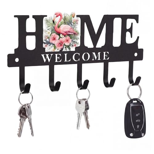 Key Holder Wall Mount Pink Flamingo Metal Key Hooks Organizer with 5 Hooks Rustic Farmhouse Welcome Home Wall Hook Tropical Boho Decor for Entryway Bathroom Living Room 9.8 Inch - style: Pink Flamingo