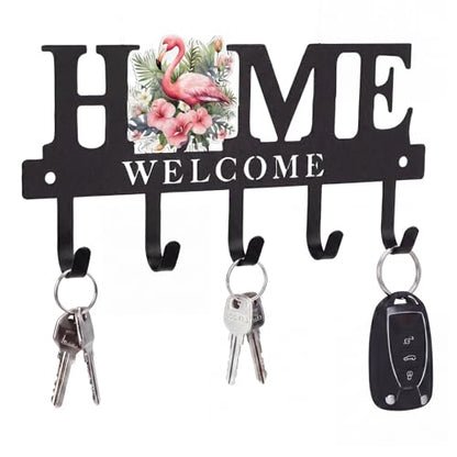 Key Holder Wall Mount Pink Flamingo Metal Key Hooks Organizer with 5 Hooks Rustic Farmhouse Welcome Home Wall Hook Tropical Boho Decor for Entryway Bathroom Living Room 9.8 Inch - style: Pink Flamingo