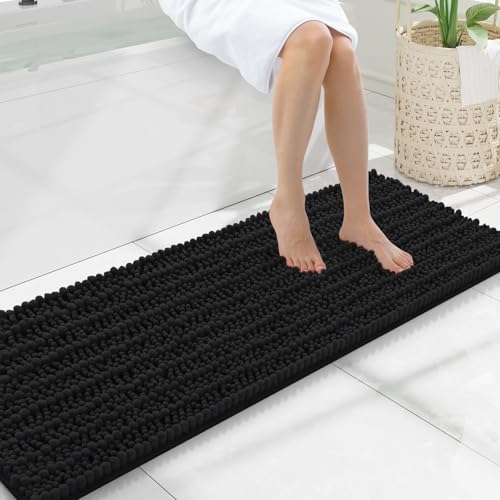 Smiry Bathroom Rugs 47X17, Extra Soft Rubber Backing Chenille Bath Mats | Black Machine Washable Non Slip Quick Dry Bath Mats for Bathroom Floor, Tub, Shower, Home Decor Accessories - color: Black, size: 47'' X 17''