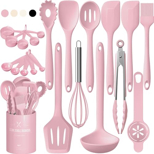 Umite Chef 22-Piece Silicone Cooking Utensils Set, Heat Resistant & Dishwasher Safe Kitchen Tools, Non-Scratch Spatula Set for Nonstick Cookware (Pink) - color: Pink