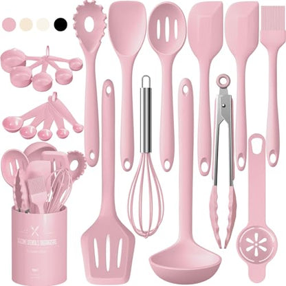 Umite Chef 22-Piece Silicone Cooking Utensils Set, Heat Resistant & Dishwasher Safe Kitchen Tools, Non-Scratch Spatula Set for Nonstick Cookware (Pink) - color: Pink