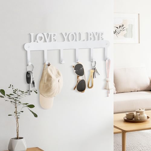 Key Holder for Wall - 'Love You Bye' Key Hooks, White, 6 Hooks | Key Holder Wall Mount Self Adhesive, Key Rack Wall Mount for Wall No Drill for Living Room, Kitchen, Bathroom, Garage - color: Love You Bye' White