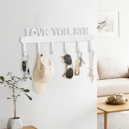 Key Holder for Wall - 'Love You Bye' Key Hooks, White, 6 Hooks | Key Holder Wall Mount Self Adhesive, Key Rack Wall Mount for Wall No Drill for Living Room, Kitchen, Bathroom, Garage - color: Love You Bye' White