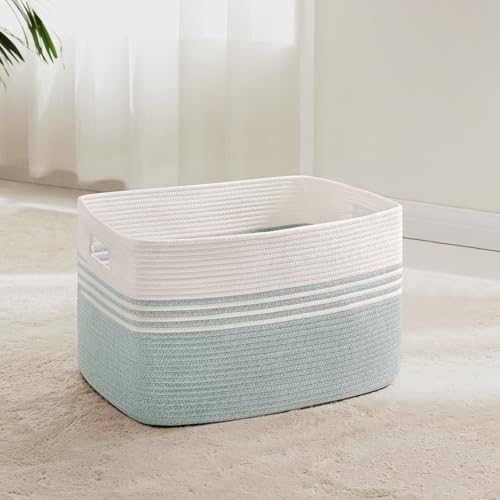 45L Small Woven Laundry Basket Hamper with Handles, Green | collapsible wicker hamper, storage for dirty clothes, toys, blankets, gifts, living room, bedroom, bathroom, 18"x14"x11" - color: Green-NO LEATHER HANDLES, size: 45L