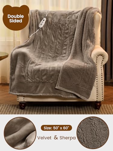 Bearhug Electric Blanket Throw Size, 50" x 60" Heated Blanket with 6 Heating Levels & 4H Auto Shut-Off, Machine Washable Soft Velvet to Sherpa Reversible Heated Throw for Office, Couch and Sofa Taupe - color: Taupe-velvet & Sherpa, size: Throw 50" × 60"