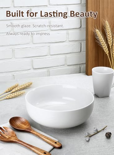 Pasta Serving Bowls 120 Ounce 9.7” Large Serving Bowls, Porcelain Salad Bowls for Kitchen, Big White Soup Bowls, Oven Dishwasher Safe, Set of 2 | Smooth Glaze, Easy-Clean, Stackable, Oven/Microwave/Dishwasher/Freezer Safe, Deep enough for Soup, Fruit, and