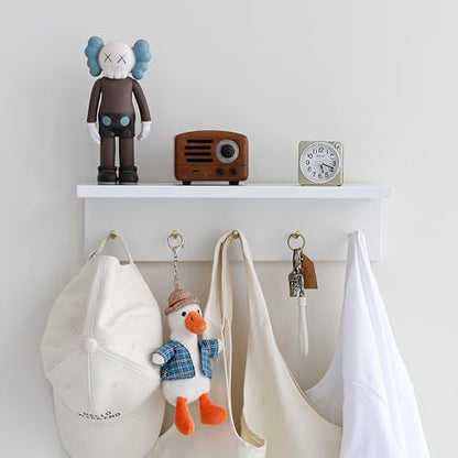 Wall Mounted Coat Rack with Shelf & Key Hooks, 5 Brass Hooks Entryway Organizer, Modern Floating Shelf for Bedroom Hallway, Space-Saving Home Storage Rack (1, White) - color: White
