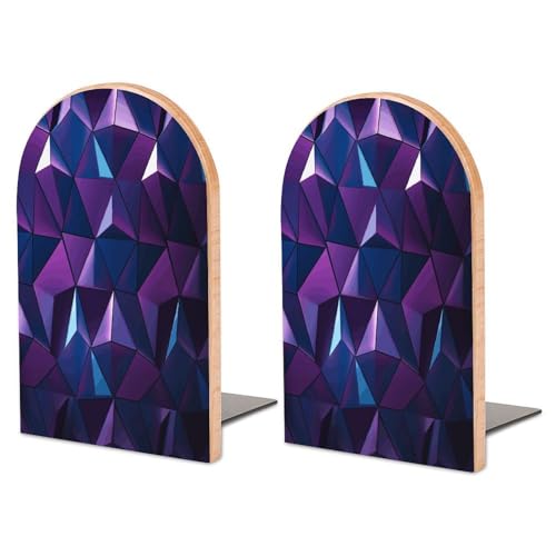 Personalized Purple Geometric Book Ends for Shelves, Large Heavy Duty Wooden Bookends with Non-Skid Metal Base Book Holder Decorative Book Stopper for Home Office Supplies 1 Pair