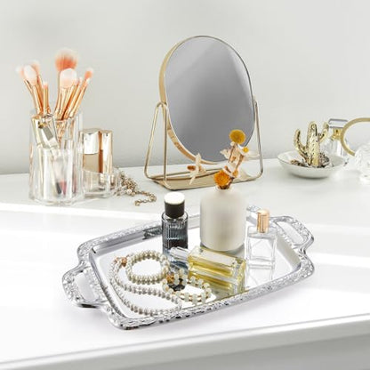2 Pcs Silver Serving Tray Elegant Floral Metal Plate Silver Platter Tray for Summer Buffet Wedding Party Jewelry Decorative (Oblong with Handle) - style: Oblong