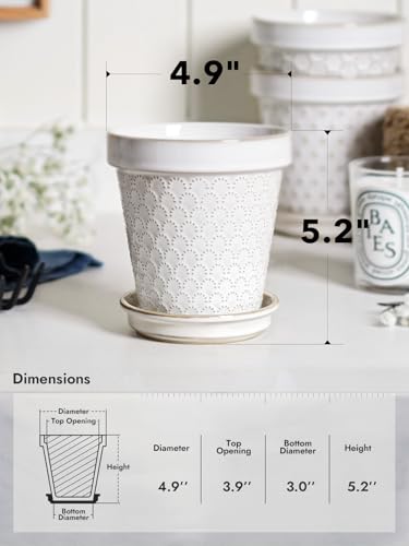 LE TAUCI Ceramic Plant Pots, 4.9 Inch Flower Pots with Drainage Hole & Saucer, Embossed Planter Pots for Indoor Plant Succulent, Orchid, Cactus, Home Decor - Set of 4, Arctic White - size: 4.9 inch