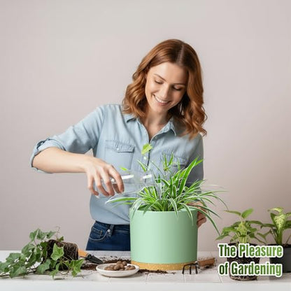 10/9/8 Inch Plant Pots 3 Pack, with Drainage Hole & Saucers | Cylindrical plastic planters with drainage holes & saucers. Modern matte finish, lightweight & durable for indoor/outdoor use - color: Matte Green&brown