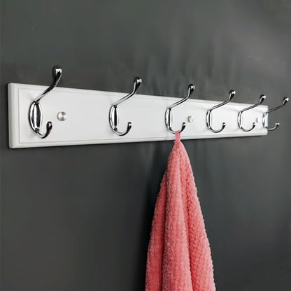 Wooden Wall Mounted Coat Rack – 25 Inch (65vcm), White with 6 Silver Hooks for Entryway, Hallway, Bedroom - size: Medium-25.6in(65cm),6 Silver Hooks, style: Modern