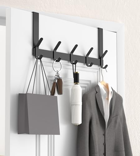 KitchLife Over The Door Hooks with 7" Extended Arms, Fits 1-3/8" Doors, J18U, Heavy Duty Bathroom & Closet Towel Rack, Double-Hooks Hanger 1 Pack, Matte Black - color: Matte Black, size: Fits 1-3/8" Doors with 7" Arms