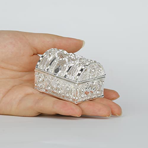 Silver Treasure Chest Openwork Jewelry Box with Crystal Rhinestones Small Trinket Boxes Hinged Jewelry Boxes Gifts for Girls or Women - color: Silver_7