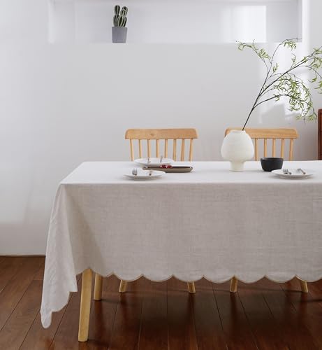 100% French Flax Linen Tablecloths Scalloped Embroidery Rectangle 84Lx60W Inch for Dinners, Parties, Spring, Easter, Machine Washable, 6-8 Sets, 60''x84'', Linen(Edges-Gold) - color: Natural Linen(edges-gold), size: 84" x 60" (Rectangular)