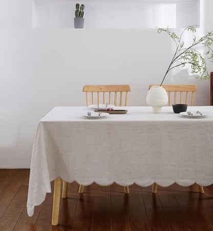 100% French Flax Linen Tablecloths Scalloped Embroidery Rectangle 144Lx60W Inch for Dinners, Parties, Spring, Machine Washable, 12-14 Sets, Linen(Edges-Gold) - color: Natural Linen(edges-gold), size: 144" x 60" (Rectangular)