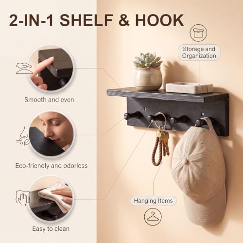 1 Pack Walnut Wood Entryway Coat Rack with Shelf & 4 Hooks