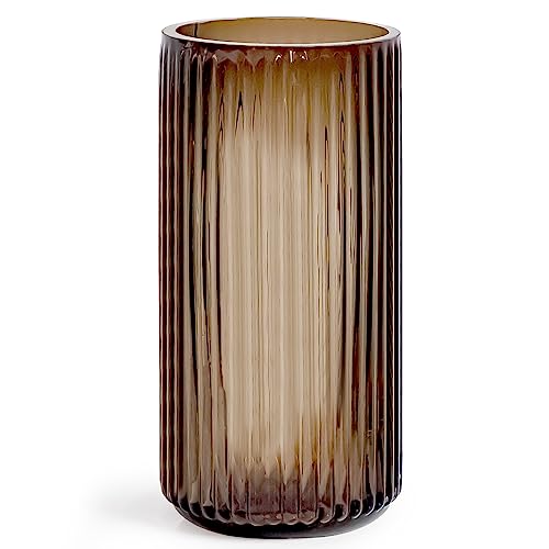 Muyan 9.8" Flower Vase for Decor Ribbed Glass Vase Modern for Centerpieces Desktop Home Office Dining Living Room Wedding (Amber) - color: Coffee, size: 10 Inch
