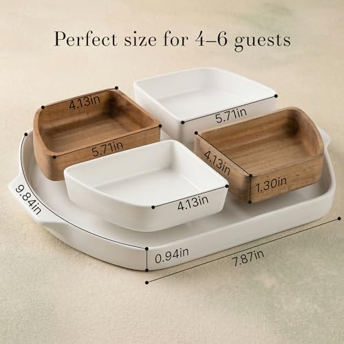 Chip and Dip Serving Set - Ceramic Wooden Serving Platter with 4 Seperable Compartments - Divided Serving Tray for Tacos, Appetizers, Veggies - Sectional Relish Tray for Parties