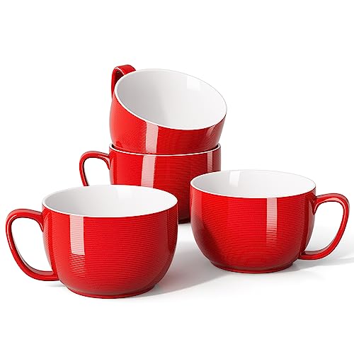 Teocera Red Mugs Set of 4, 24oz Jumbo Mugs, Large Coffee Mugs for Coffee, Hot Cocoa, Tea - Striped Design - Microwave Safe, Christmas Gift - color: Red