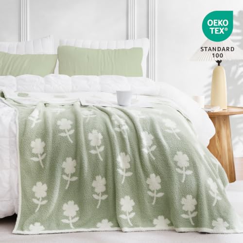 Snuggle Sac Twin Size Bedding Blanket, Sage Green Flower Throw Blanket for Couch, Microfiber Fluffy Warm Cozy Fuzzy Soft Reversible Blankets, Sage Green, 60x80 inches - color: Flower Green, size: Twin(60"x 80")