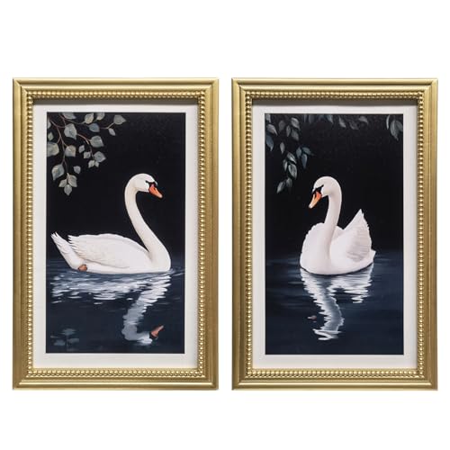 Gatheroad Gold Framed Wall Art Set of 2, Vintage Black & White Swan Art Canvas Prints | Elegant Dark Moody & Modern Farmhouse Artwork for Living Room, Bedroom, Bathroom, Office, 16x24 Inch - color: White Swan, size: 16X24inch