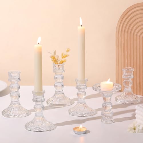 6Pcs Clear Candlestick Holders Set - 4" H & 5" H Striped Taper Candle Holders Bulk, Glass Candle Holders for Wedding, Festival, Party, Table Centerpiece, Gifts - color: Clear, size: Striped Pattern