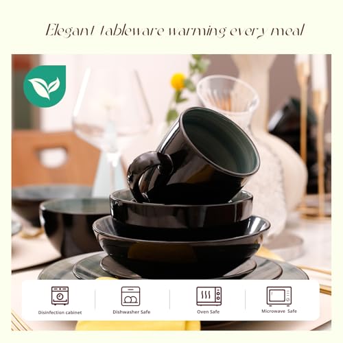 HomeVss Sonoma 16 Piece Stoneware Dinner Set, Outside Black + inside Handpainted Color Blue - color: Blue