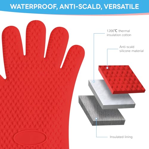 1 Pair Oven Mitts, Heat Resistant Protective Oven Gloves, Cotton Lined Silicone Kitchen Mitts Pair, Nonslip Silicone Cooking Gloves with Fingers (Red) - color: Red