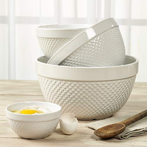 Tabletops Gallery Hobnail Style 4 Piece Classic White Stoneware Nesting Mixing Bowl Set for Baking and Cooking - color: White