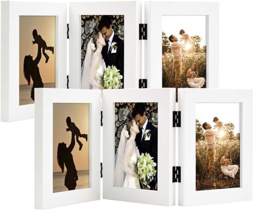 Golden State Art, 4x6 Triple Picture Frame White- Real Glass, 2 Pack | Trifold Photo Frame Vertical Display for Desktop - Three Folding Picture Collage - color: White, size: 4x6(2 Pack)