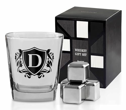 Whisky Gifts for Men, Personalized Initial Whiskey Glass with Whiskey Stones for Dad, Boyfriend, Best Friends, Coworkers, Husband, Brother, Uncle and Boss on Father's Day, Boss Day and Birthday - D - color: D