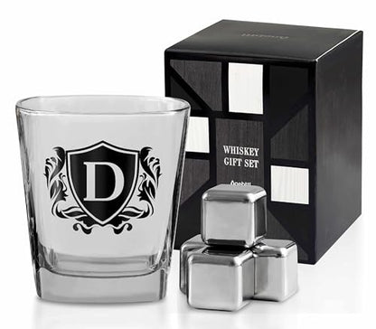 Whisky Gifts for Men, Personalized Initial Whiskey Glass with Whiskey Stones for Dad, Boyfriend, Best Friends, Coworkers, Husband, Brother, Uncle and Boss on Father's Day, Boss Day and Birthday - D - color: D